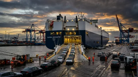 RoRo roll-on roll-off car carrier vessel at port — international car shipping