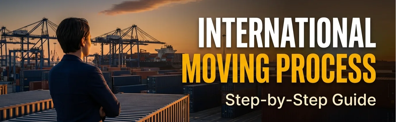 International moving process — cargo ship at port representing global household goods shipping
