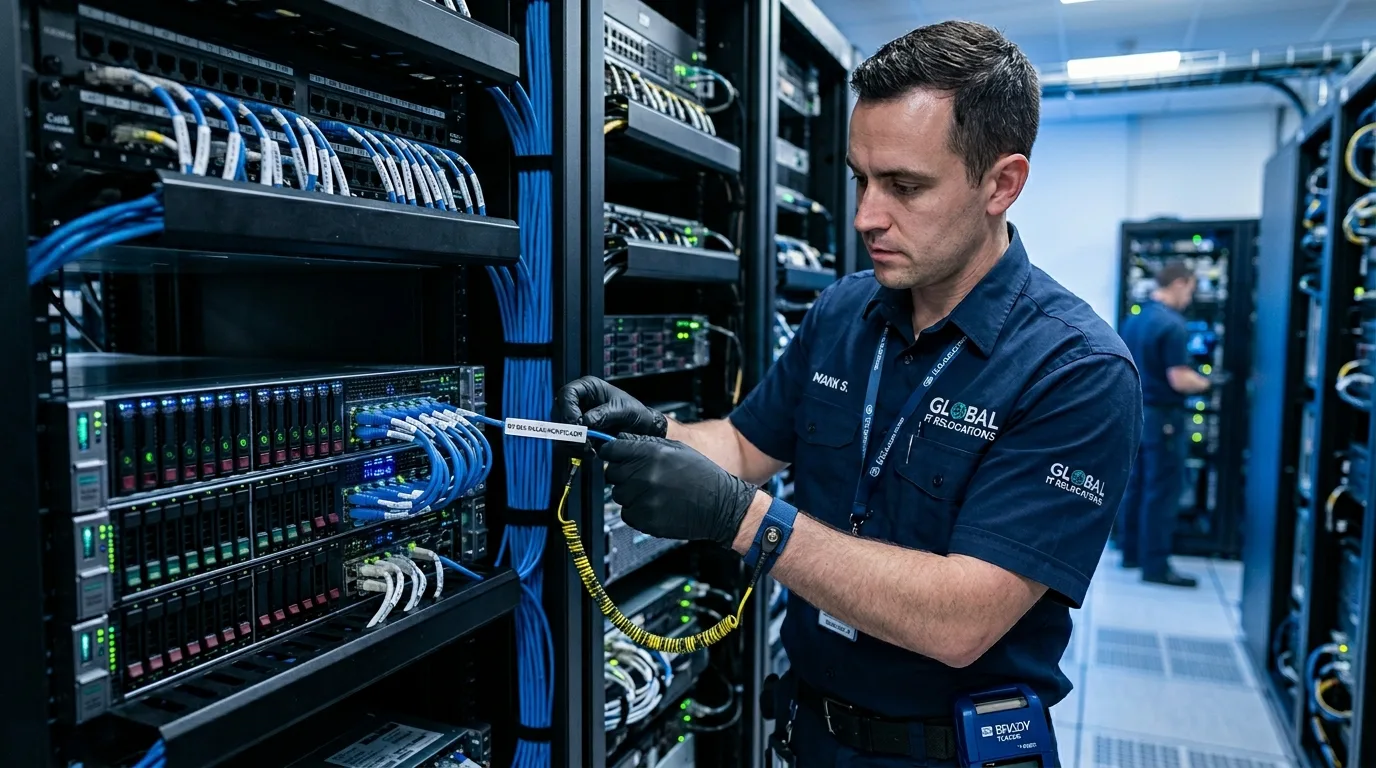 IT servers and network equipment being prepared for international office relocation