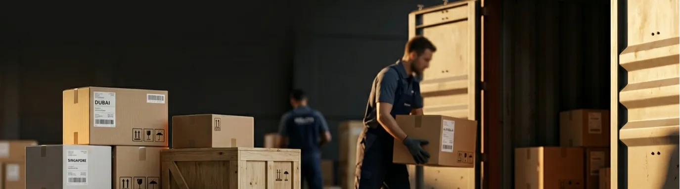 International moving tips — professional packing team preparing household goods for overseas shipment