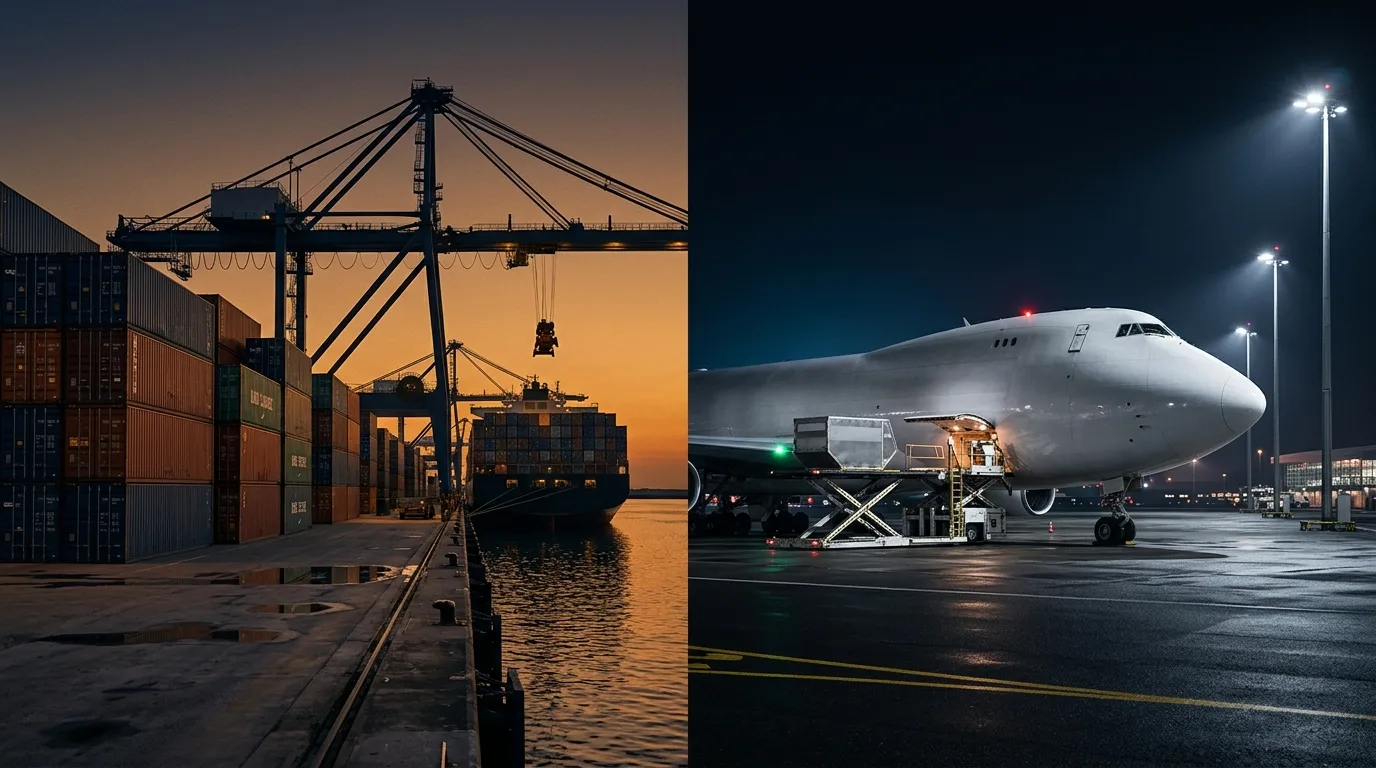 International shipping containers at port — sea freight vs air freight for international moves