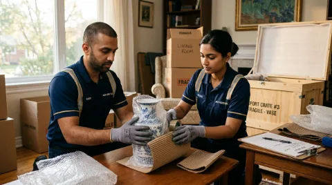 Professional international packers carefully packing household goods with export-grade materials